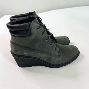 Timberland Bootie Womens Size 9.5 Gray Amston Wedge Heel Nubuck Leather Lace Up